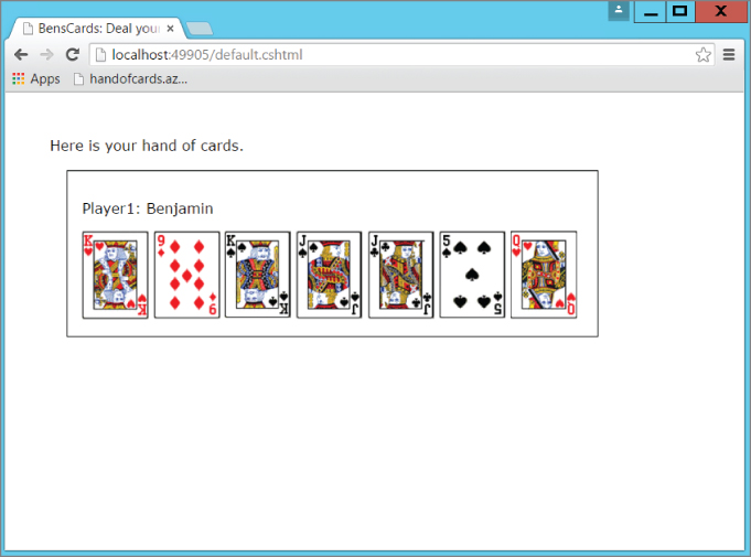 Screenshot illustration showing that the ASP.NET Web Site consumes the ASP.NET Web API and renders a hand of cards.