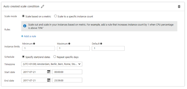 Screenshot illustration for selecting Scale out (App Service Plan), + Add a scale condition, and the options for scaling based on dates and time.