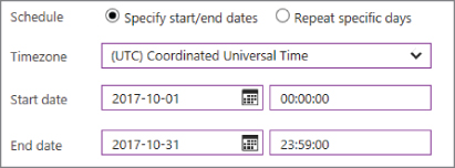 Screenshot illustration showing the display after entering, for example, the Timezone, Start and End dates, and times.