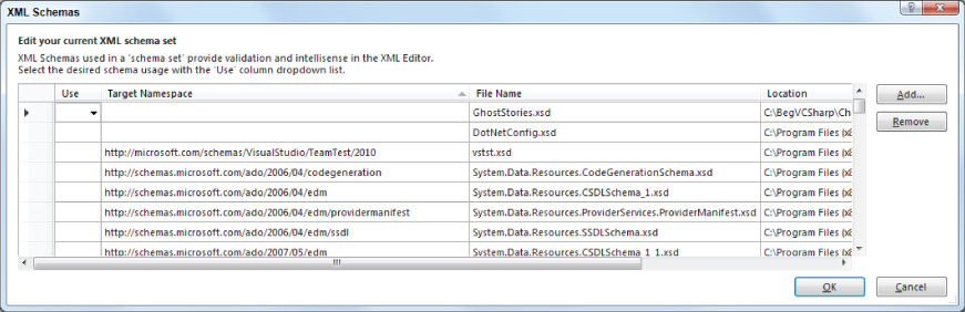 Screenshot illustration of a long list of schemas recognized by Visual Studio by selecting XML &#10154; Schemas from the Visual Studio menu.