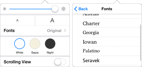 **Figure 43:** The iOS Appearance popover has a subsidiary menu for fonts.