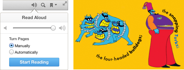 _**Figure 59:** Left: The audio popover for reading. Right: The word being spoken highlighted as blue text (or, in this case, Blue Meanie text)._