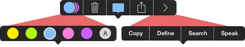 **Figure 54:** Top: The pop-up you get when you tap Highlight in the selection pop-up. Tapping the color-choice icon provides a pop-up of colors (bottom, left), while tapping the Next arrow provides more commands (bottom, right).