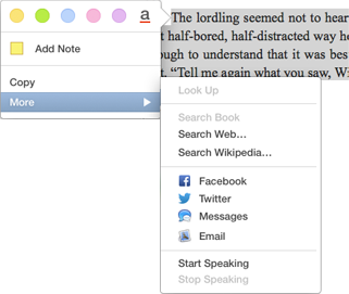 **Figure 49:** An EPUB’s selection popover lets you work with annotations or move on to other things with the submenu.