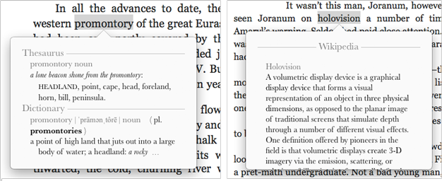 **Figure 65:** Left: Basic Dictionary and Thesaurus entries pop up immediately. Right: When it’s not in the Dictionary, iBooks counts on Wikipedia.