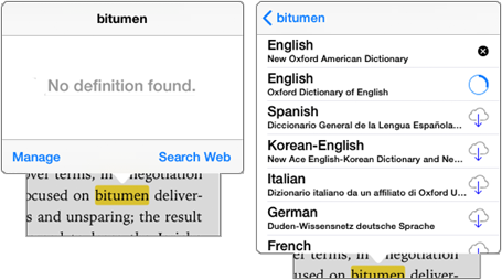 **Figure 66:** Left: If you have no definitions, tap the Manage button to open a list of available dictionaries. Right: Tap the Download button for any that you want; here, the first one is downloaded and has a Remove button, while the second download is in progress.