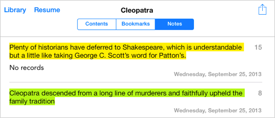 **Figure 80:** The Notes screen lists your highlights—highlighted in their colors—and any attached notes (the “No records” for the first item).