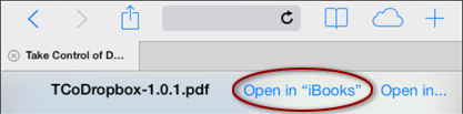 **Figure 13:** A PDF download opens in Safari. Its header provides an Open in “iBooks” option.