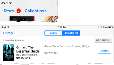 **Figure 8:** Top: The number next to Store in your Library indicates there are updates waiting. Bottom: Update notices in the iBooks Store describe the changes.