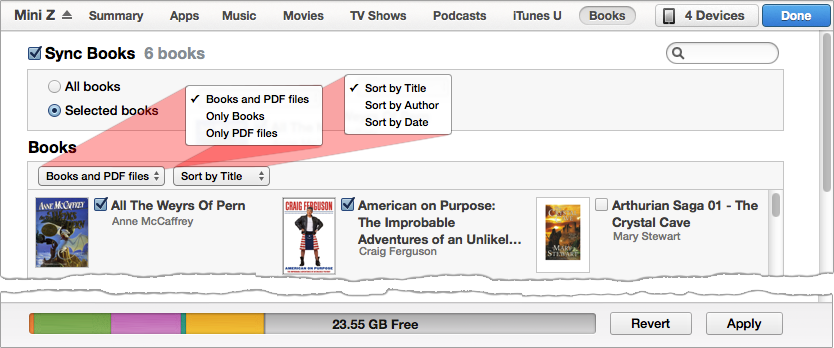 **Figure 18:** Syncing selected books from the iBooks library through iTunes. Use the pop-up menus to help find the books you want.