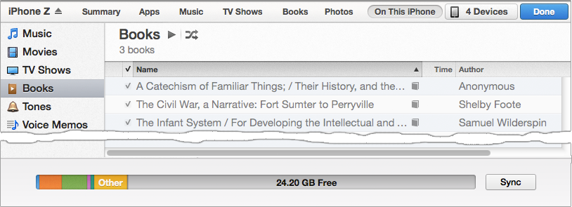 **Figure 19:** The list of books initially reflects what happened with the previous sync. Click the Sync button to move books from your iOS device to your Mac’s iBooks Library if they’re not already there.