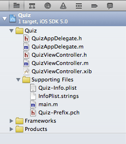 Quiz application’s files in the project navigator