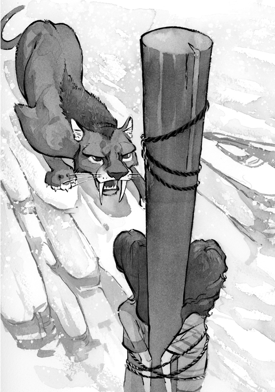 Beth and Sabra tied to a pole. The saber-toothed cat is about to pounce.