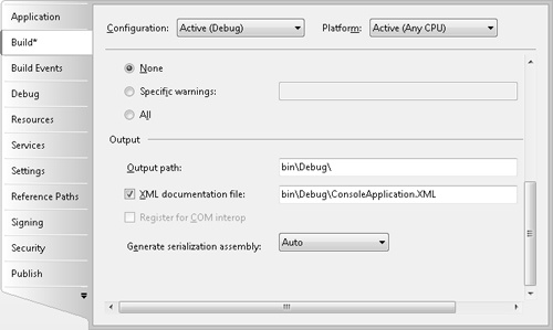 Select XML Documentation File to export documentation comments to a file.