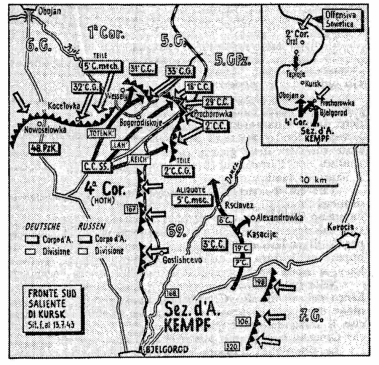 Il grosso delle forze tedesche cozza presso Prochorowka con il grosso delle forze sovietiche, numericamente pressoché uguali. L’attacco sferrato dal generale Kempf sul fianco dell’avversario deve decidere la sorte della battaglia