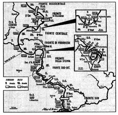 Mentre i tedeschi vedono delinearsi lo sfondamento decisivo nella direzione di Obojan ed Olchowatka, i sovietici passano all’attacco a nord e a sud del saliente di Kursk. La nona annata di Model deve sottrarre cospicue forze dal fronte della «Cittadella» e lanciarle contro i russi che hanno sfondato presso Orel. Anche la quarta annata corazzata di Hoth deve cedere alcune divisioni per scongiurare il pericolo che si profila sul Donez e sul Mius. L’offensiva nel saliente di Kursk, tanto promettente, dev’essere interrotta