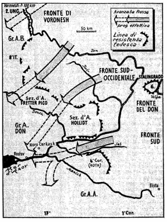 Alla fine del 1942, dopo il crollo del fronte tedesco lungo il corso medio del Don, Stalin intravvede la possibilità di ottenere una vittoria decisiva, e decide di riconquistare Rostow, la porta del Caucaso, con un grande attacco a tenaglia che dovrebbe sfociare in un’operazione ancora più ampia ed aggirare i gruppi d’armata tedeschi B e quello del Don