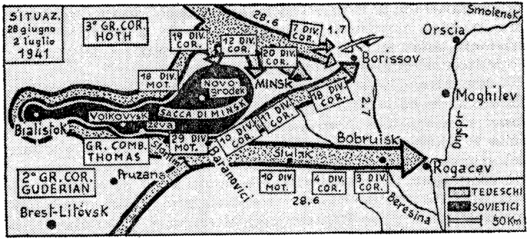 La sacca di Bialistok-Minsk: qui venne combattuta la prima grande battaglia di annientamento sul fronte centrale. Quattro armate sovietiche vengono accerchiate dalle divisioni celeri tedesche
