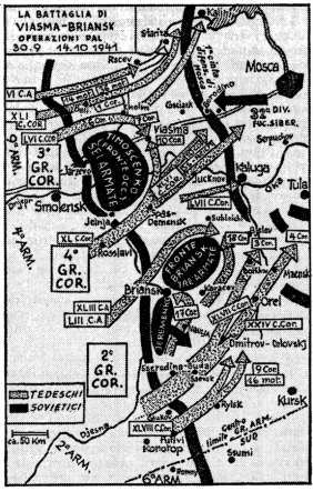 La duplice battaglia di Viasma-Briansk fu una perfetta manovra a tenaglia. I bracci di questa erano costituiti dalle formazioni celeri di tre gruppi corazzati. All’azione parteciparono divisioni di fanteria di tre armate. Le forze sovietiche poste a difesa della capitale vennero accerchiate e distrutte. La via per Mosca era libera