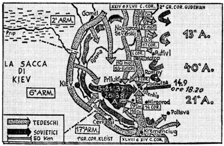 La battaglia di Kiev offre il tipico esempio di una manovra a tenaglia, effettuata da due bracci corazzati. Guderian avanzò da nord, von Kleist da sud. Mentre i russi nell’ansa del Dnjepr erano impegnati in duri combattimenti a carattere difensivo, le truppe celeri tedesche chiudevano la trappola a tergo