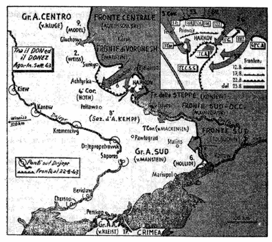 La quarta battaglia di Charkow. La città tiene duro. Ciononostante, Manstein ordina il 22 agosto 1943 all’11° corpo d’armata di sgomberare le posizioni. Il corpo d’annata gli è necessario per impedire ai sovietici di sfondare sul Dnjepr