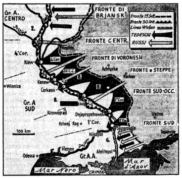 Alla metà di settembre del 1943 ha inizio la più audace manovra di sganciamento registrata dalla storia della guerra. Circa un milione di soldati tedeschi sgombera le posizioni su di un fronte di mille chilometri e ripiega attraverso sei ponti sul Dnjepr per ridislocarsi sulla sponda opposta: e formare un nuovo fronte di soli settecento chilometri