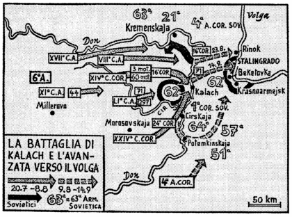 La battaglia di Stalingrado ebbe inizio a Kalach, sul Don. Le forze sovietiche rimaste a occidente del Don vennero intrappolate in una sacca, e i tedeschi poterono aprirsi un varco sulla lingua di terra tra il Don ed il Volga