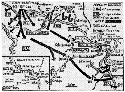 Il 19 novembre, mentre la 6a armata a Stalingrado entra ancora una volta in azione per conquistare all’assalto le ultime posizioni sovietiche, i russi sfondano con quattro armate e un corpo corazzato i settori romeni sul fianco nord e sud della 6a armata e puntano a rotta di collo su Kalach. Nella cartina piccola, il fronte del gruppo armate B prima dello sfondamento