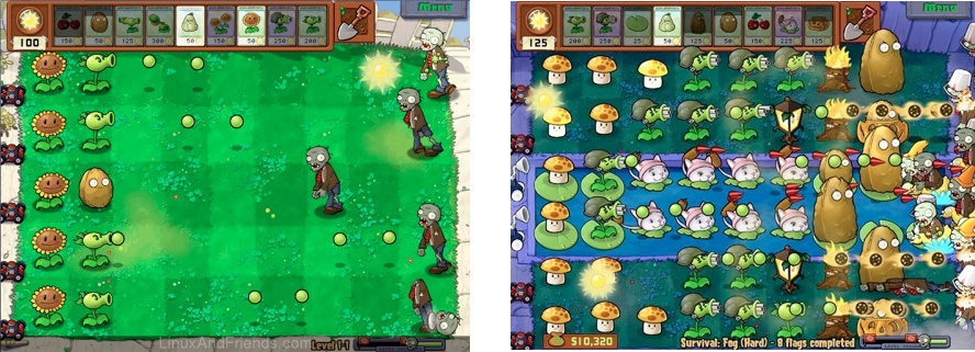 In PopCap’s Plants vs. Zombies, the progression of level complexity from the first level (left) to levels 20 and higher (right) is substantial.