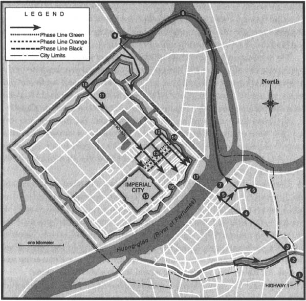 Map reference points: (1) Highway One, the approach route from Phu Bai (approximately eleven kilometers south of this point), 1000 hours, 11 February 1968. (2) Dismounted truck column due to blown bridge, two-kilometer detour. (3) Site of destroyed M-48 tanks, results of fighting involving 2/5. (4) Site of destroyed civilian family. (5) MACV compound. (6) The stadium. (7) The boat ramp area; here, 1/5 departed on Whiskey boats, 0800 hours, 12 February 1968. (8) Site of the Viet Cong sixty-millimeter mortar attack on 1/5, while the battalion was on board Whiskey boats en route to the Citadel. (9) Ferry and boat landing site. (10) 1/5’s entrance into the Citadel. (11) First ARVN Division Headquarters compound. (12) Site of Alpha Company’s first contact with the NVA inside the Citadel. (13) Phase line green, Mai Thuc Loan, 0900 hours, 13 February 1968. (14) Dong Ba Porch (the tower). (15) The Imperial Palace, or City— the sacred inner city within the Citadel. (16) Thuong Tu Porch (the southern tower), 1/5’s exit point from the Citadel. (17) The departure boat ramp area, 1000 hours, 27 February 1968