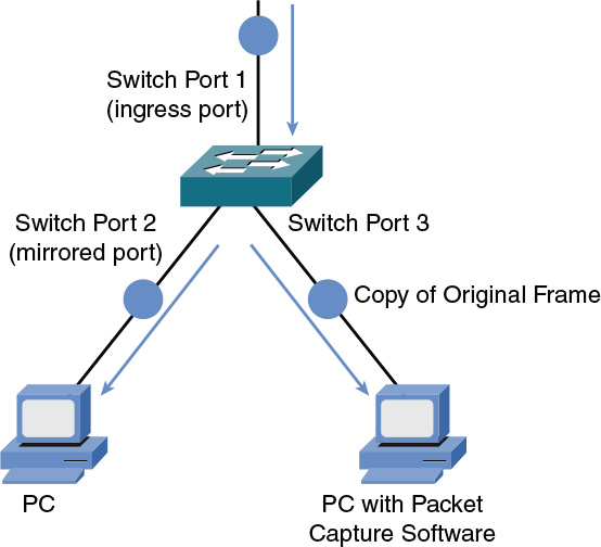 Diagram of a Network Sniffer with Port Mirroring Configured on the Switch is shown.