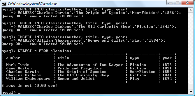 Populating the classics table and viewing its contents