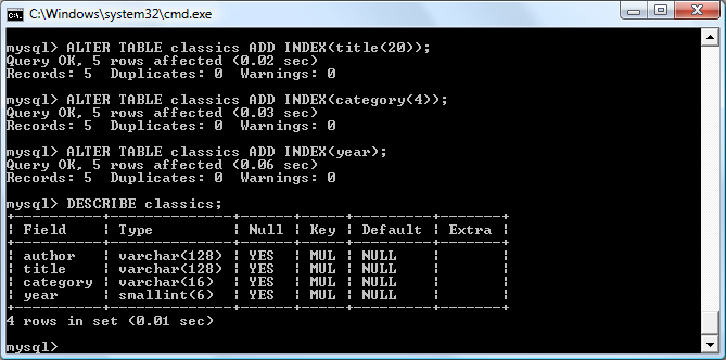 Adding indexes to the classics table