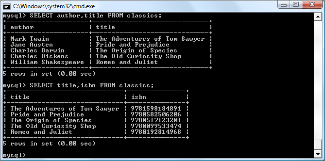 The output from two different SELECT statements