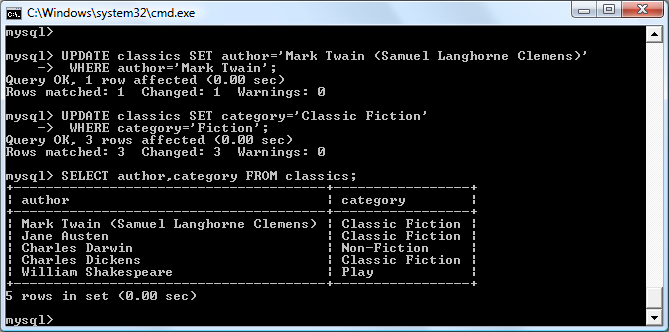 Updating columns in the classics table