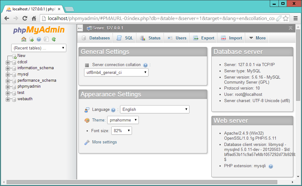 The phpMyAdmin main screen