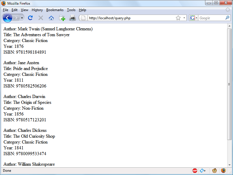 The output from the query.php program in Example 10-5