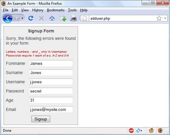 The form as represented after PHP validation fails