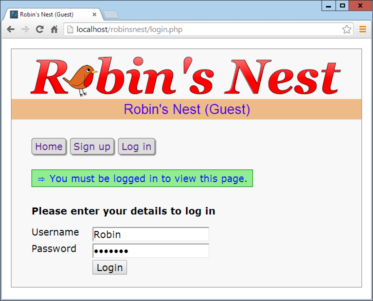 The login page