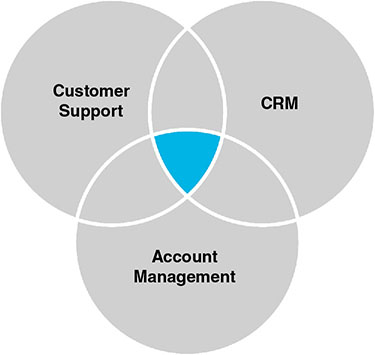 The figure shows a Venn diagram illustrating the analyst impression of Gainsight market opportunity-January 2013. There are three sets: CRM, Account management and customer support.  