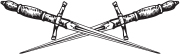 Start of image description, A drawing shows two swords crisscrossing each other with the hilts on the upper side and the blades pointing downward., end of image description