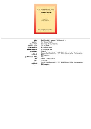 Carl Friedrich Gauss · A Bibliography
