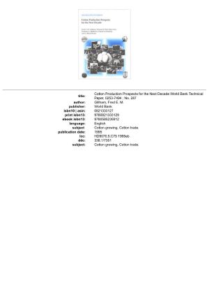 Cotton Production Prospects for the Next Decade
