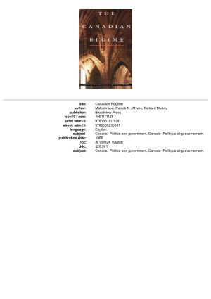 The Canadian Regime · An Introduction to Parliamentary Government in Canada